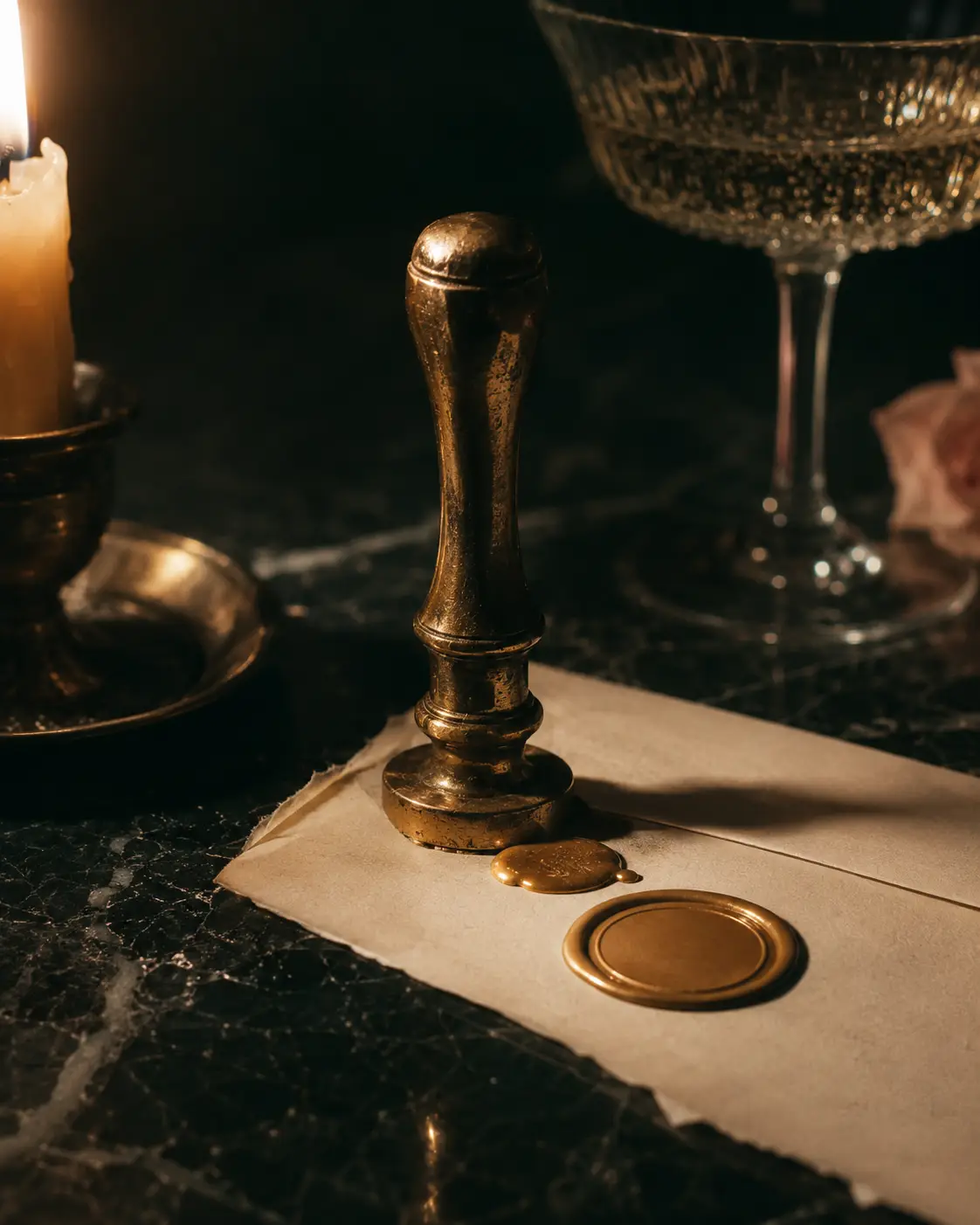Natureza-morta de um lacre de cera dourado sobre um envelope, à luz de vela